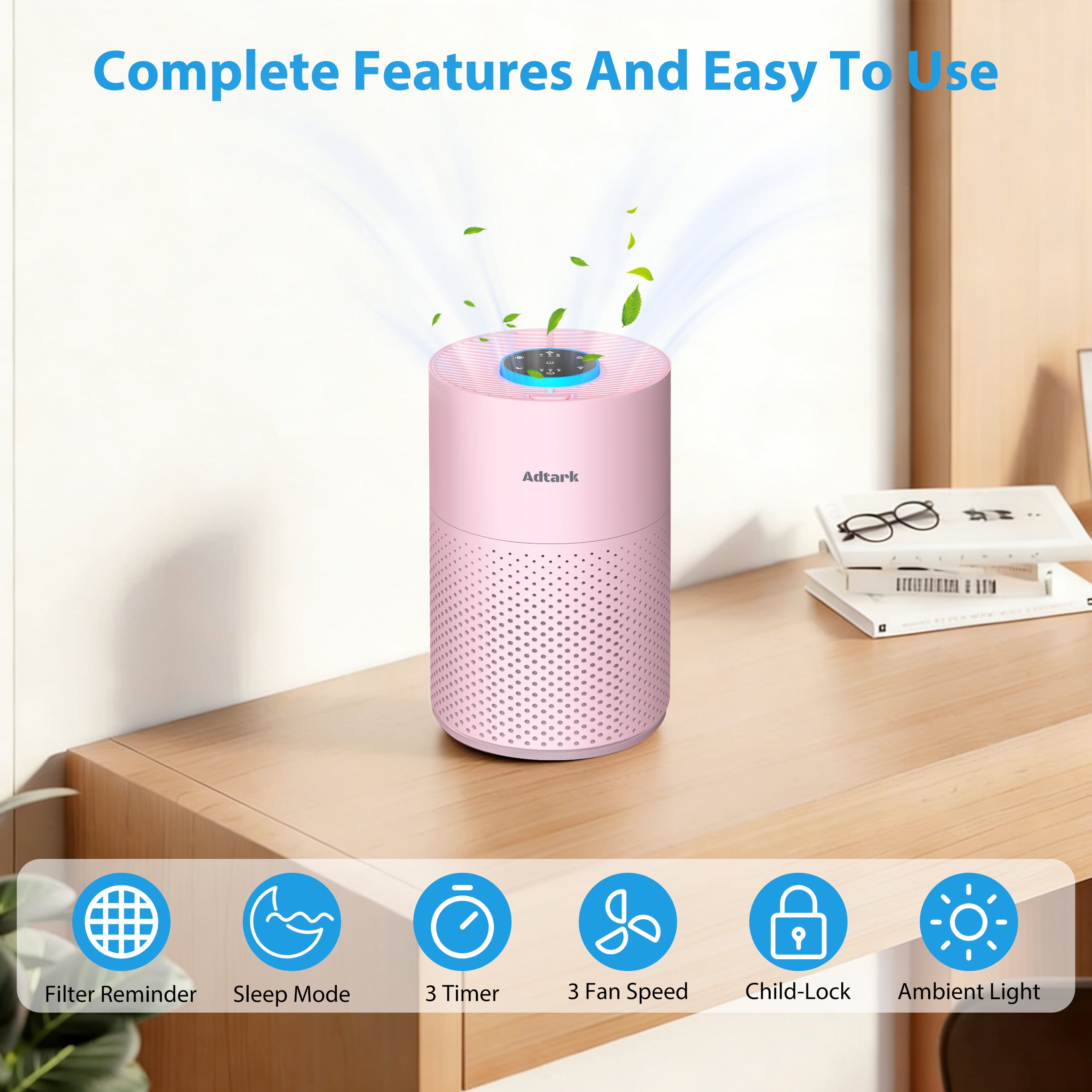 Adtark ZQA-4000C Air Purifier, Sleep Mode and Timer Function, High-Efficiency Purification, Suitable for Homes, Apartments, and RVs（Pink）