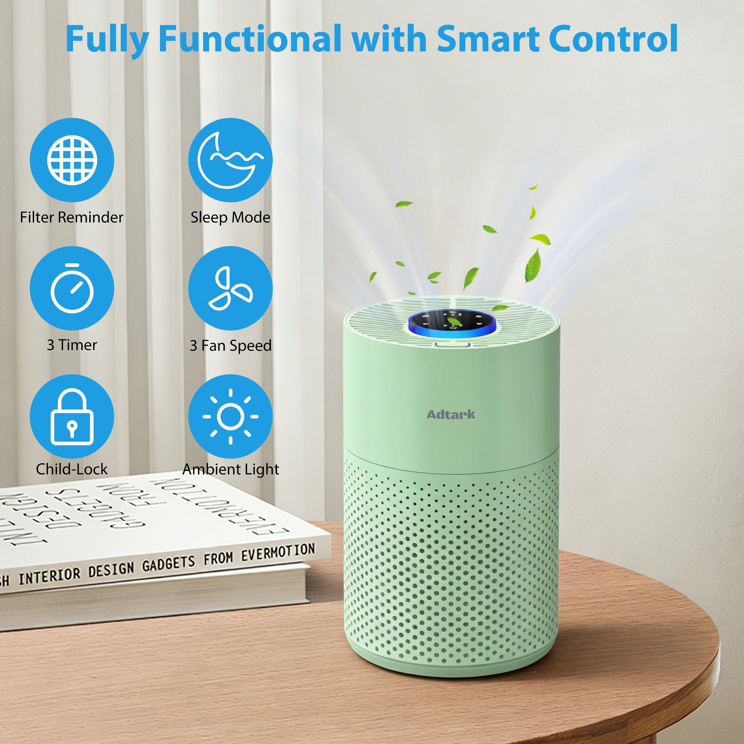 Adtark ZQA-4000C Air Purifier, Pet Friendly, Purifies 1032 sq ft, H14 HEPA Filter, Suitable for Bedrooms, Living Rooms, Apartments, Offices(Green)