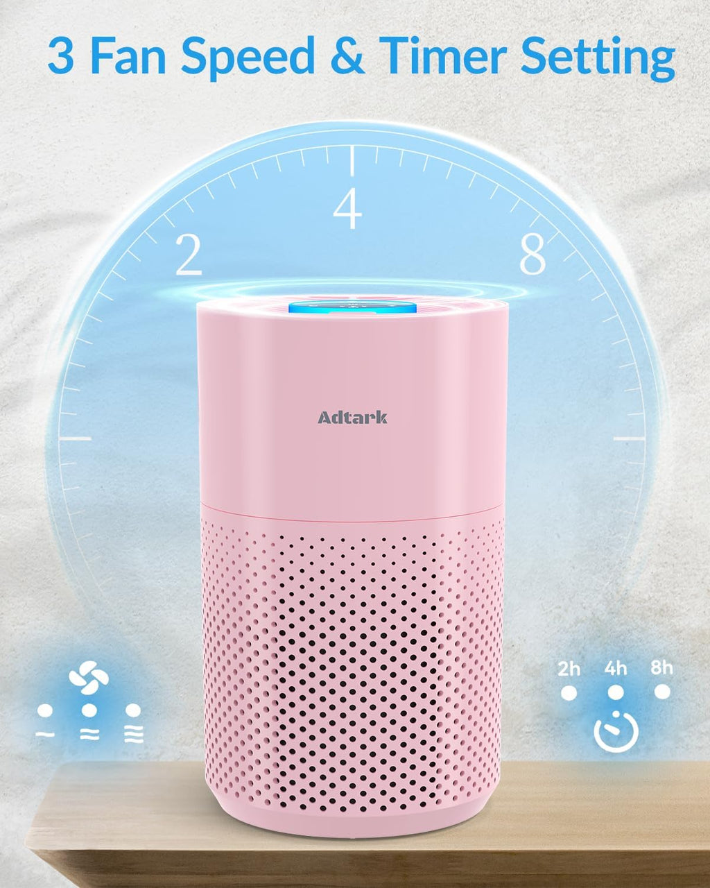 Adtark ZQA-4000C Air Purifier, Sleep Mode and Timer Function, High-Efficiency Purification, Suitable for Homes, Apartments, and RVs（Pink）